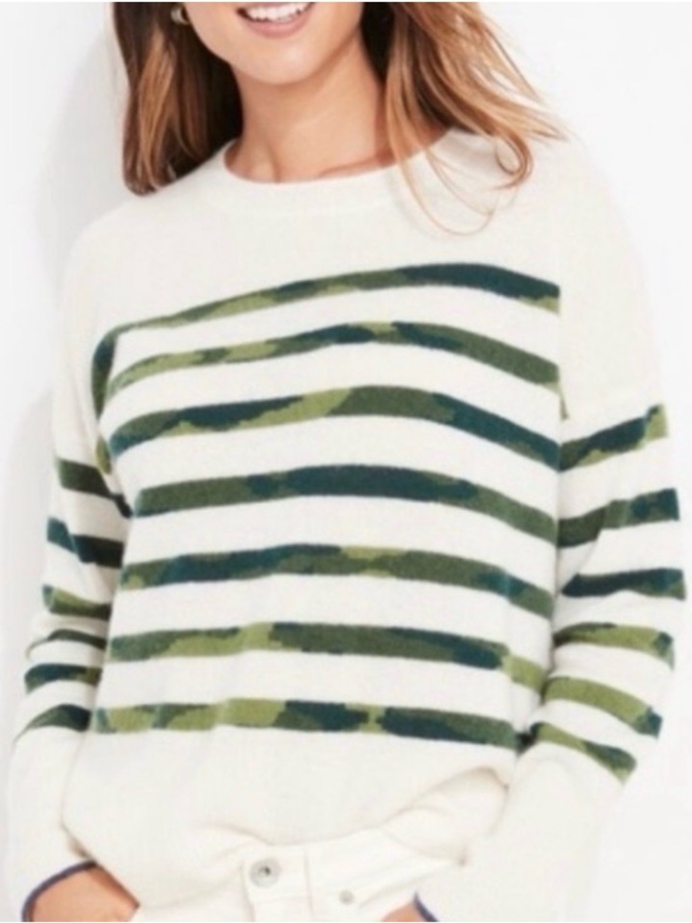 Vineyard Vines Cashmere Cream Sweater with Green Camo Stripes - Picture 3 of 16